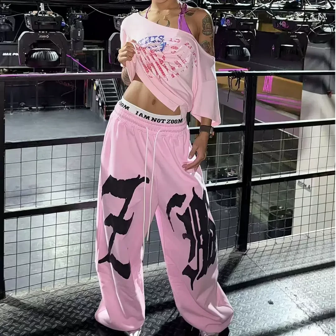 美式街舞双腰头字母印花休闲卫裤女宽松显瘦爵士跳舞运动阔腿长裤