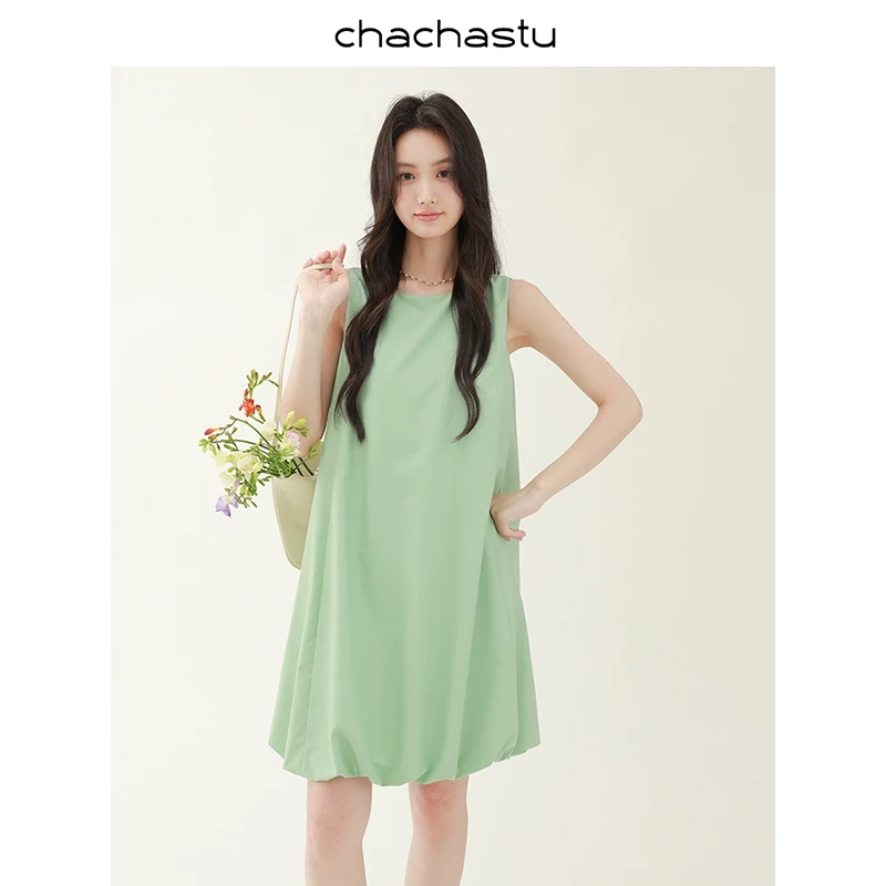 CHACHASTU 法式气质设计感蓬蓬花苞连衣裙绿色无袖背心裙ZRS1583