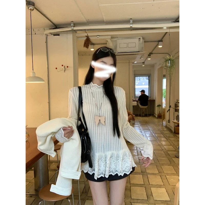 半高领内搭打底衫女2025新款秋季设计感蕾丝花边下摆长袖T恤上衣
