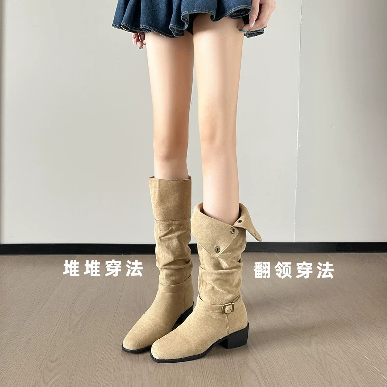 真皮内增高7cm方头堆堆靴女春秋新款复古中筒靴两穿西部牛仔靴女