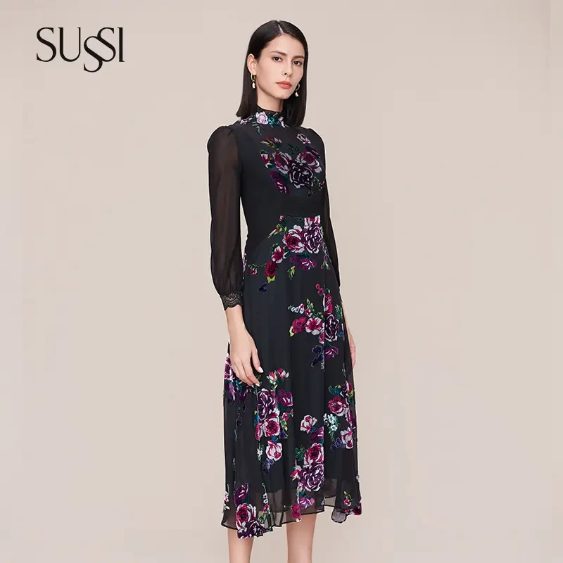 SUSSI/古色秋季高端新品商场同款荷叶领鱼尾摆连衣裙气质长袖时尚