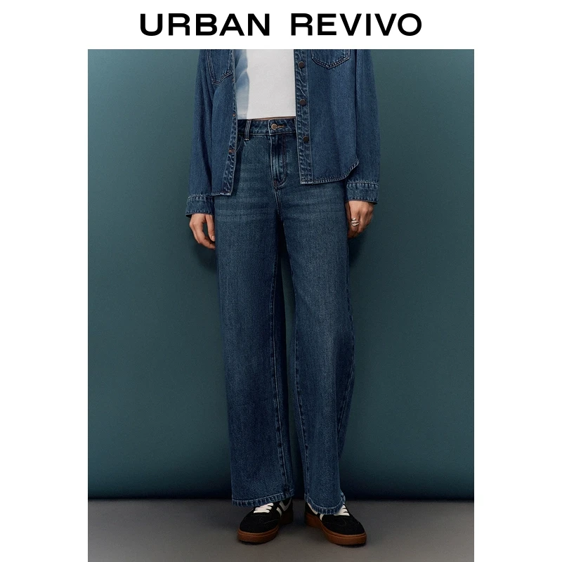 UR2025春季新款女装欧若风复古休闲水洗猫须牛仔长裤UYU850014
