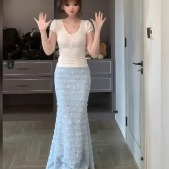 韩系绝美蓝色碎花半身裙女2025夏季新款蕾丝花边鱼尾包臀蛋糕长裙