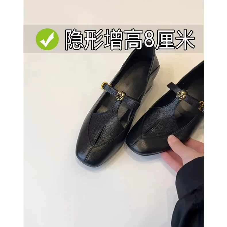 牛皮内增高女鞋镂空T字扣带山茶花玛丽珍鞋小个子粗跟单鞋高跟鞋
