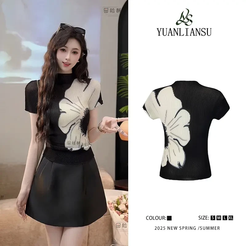 【一梦烟雨】法式气质黑色褶皱修身显瘦T恤上衣女