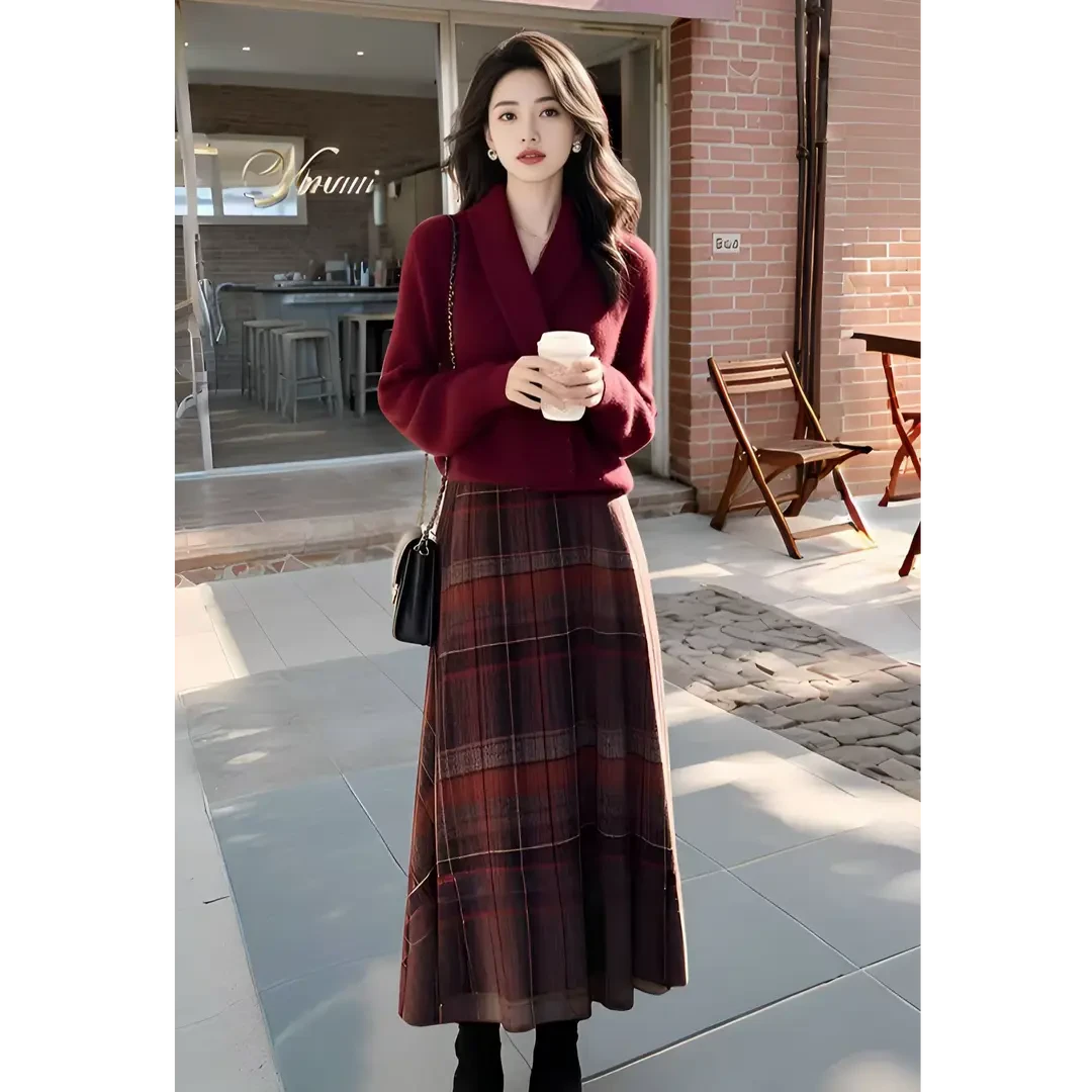 3922+3923一整套小香风红色高级感加厚毛衣针织裙子两件套装女