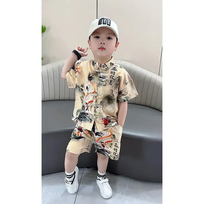 哪吒衣服男童夏季汉服2025新款男宝宝周岁礼服儿童新中式国风唐装