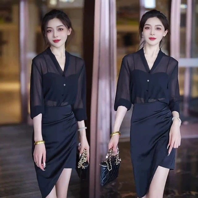 气质优雅时尚高档套装女夏季新款V领雪纺衫高腰不规则裙子两件套