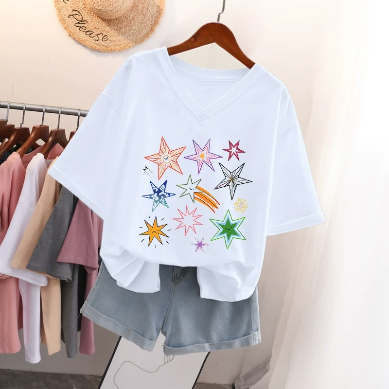 美式复古宽松百搭大码V领纯棉短袖t恤女装设计感小众显瘦遮肚上衣