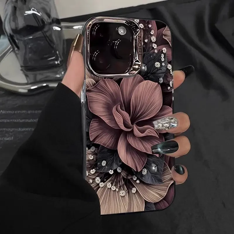 适用肌理花苹果16promax手机壳小众女iphone15pomaxr电镀圈彩银14