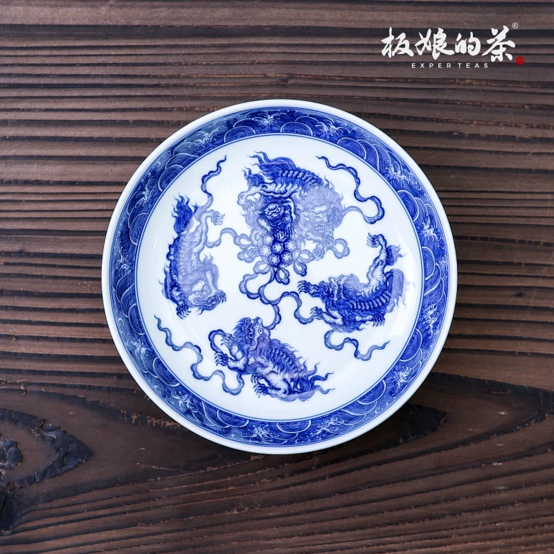 板娘的茶 景德镇焱谷青花全手工手绘狮子壶承直径145mm复古