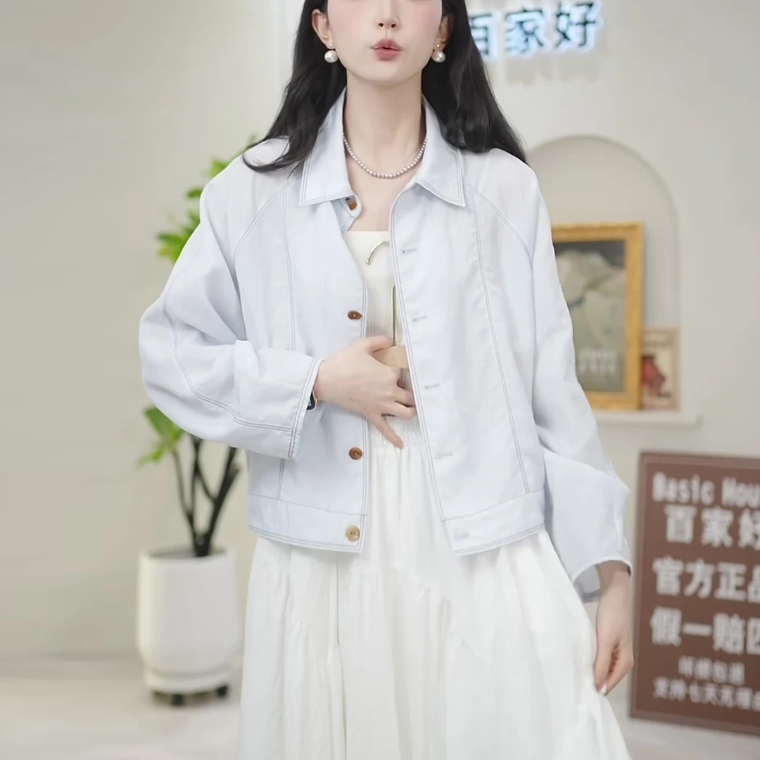 2025夏季新款翻领彩扣明线衬衫短款外套女设计感显瘦休闲防晒衫