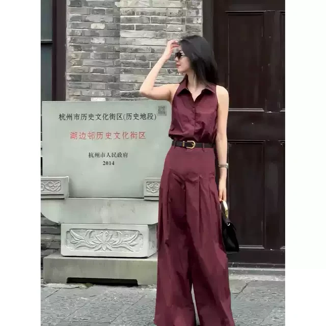 高级感冷淡风法式领无袖衬衫高腰气质阔腿裤时尚洋气套装