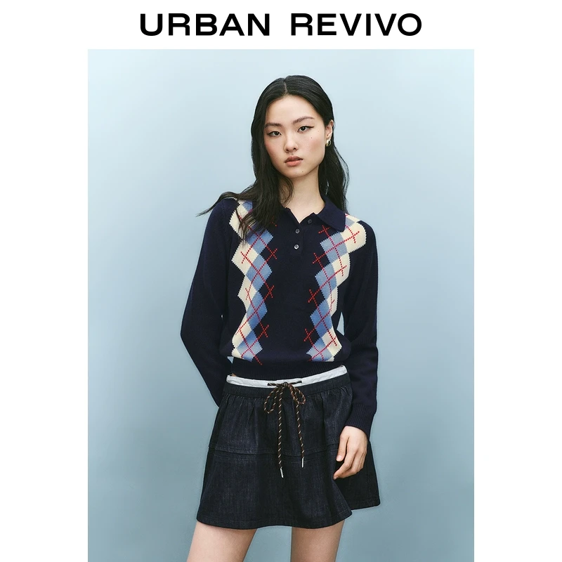 UR2025春季新品女装欧若风复古学院菱格针织衫UYU950045