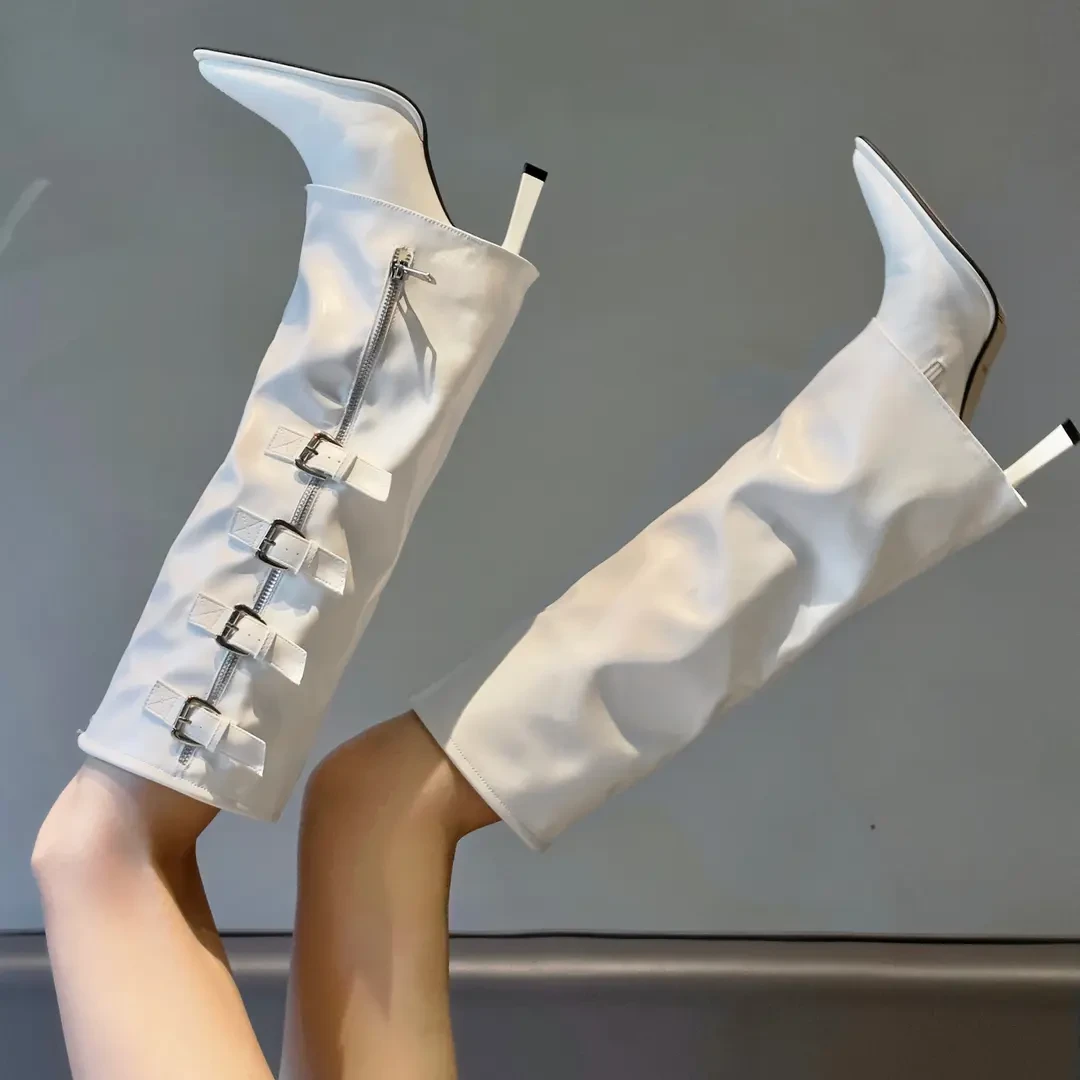 尖头细跟长筒靴2025春秋新款搭扣显瘦高跟裤管靴小金属搭扣长筒靴