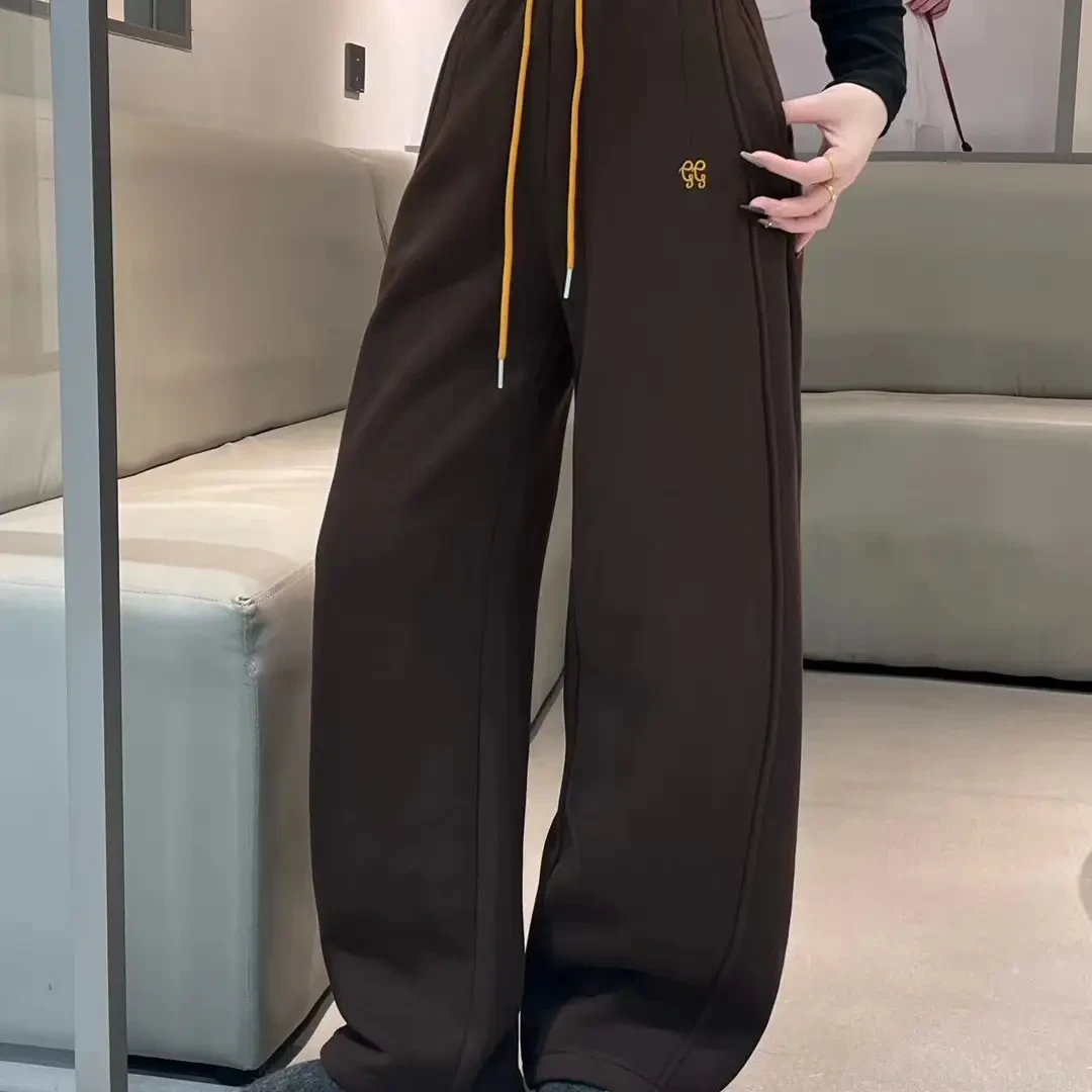 冬季新款高腰加绒加厚拼色刺绣宽松显瘦弯刀阔腿卫裤女