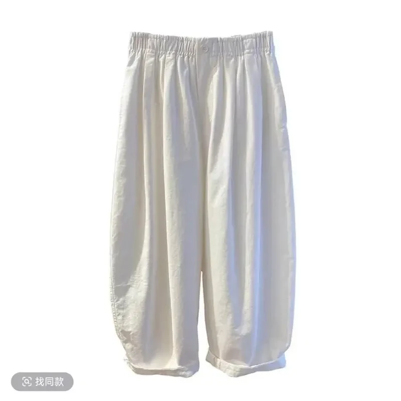 白色松紧腰气球裤女春夏2025新款宽松休闲百搭九分灯笼裤阔腿裤