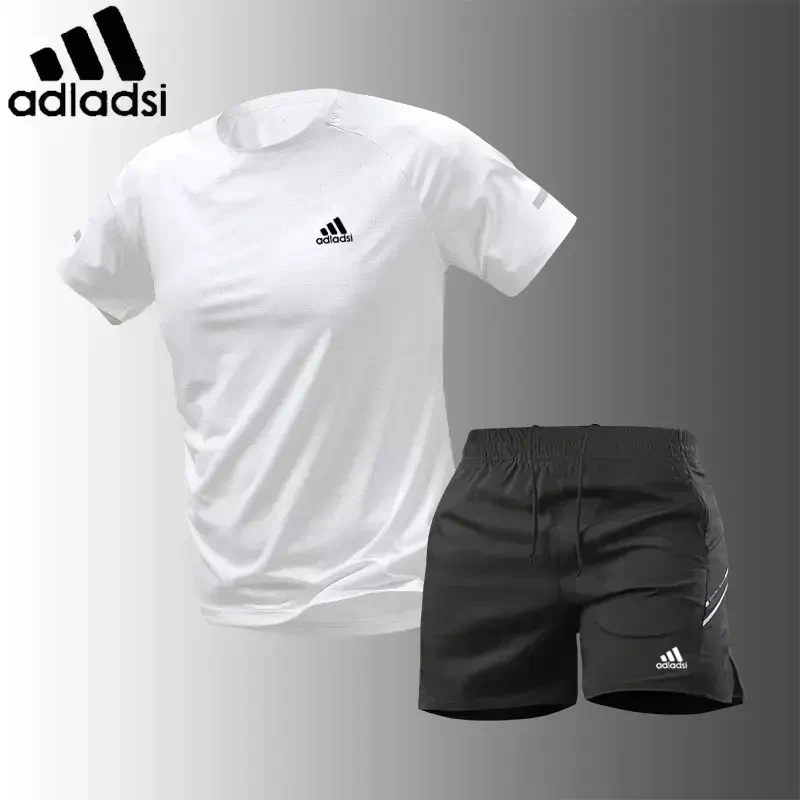 阿迪精选男士运动套装男夏季冰丝大码薄款透气跑步运动服短袖短裤