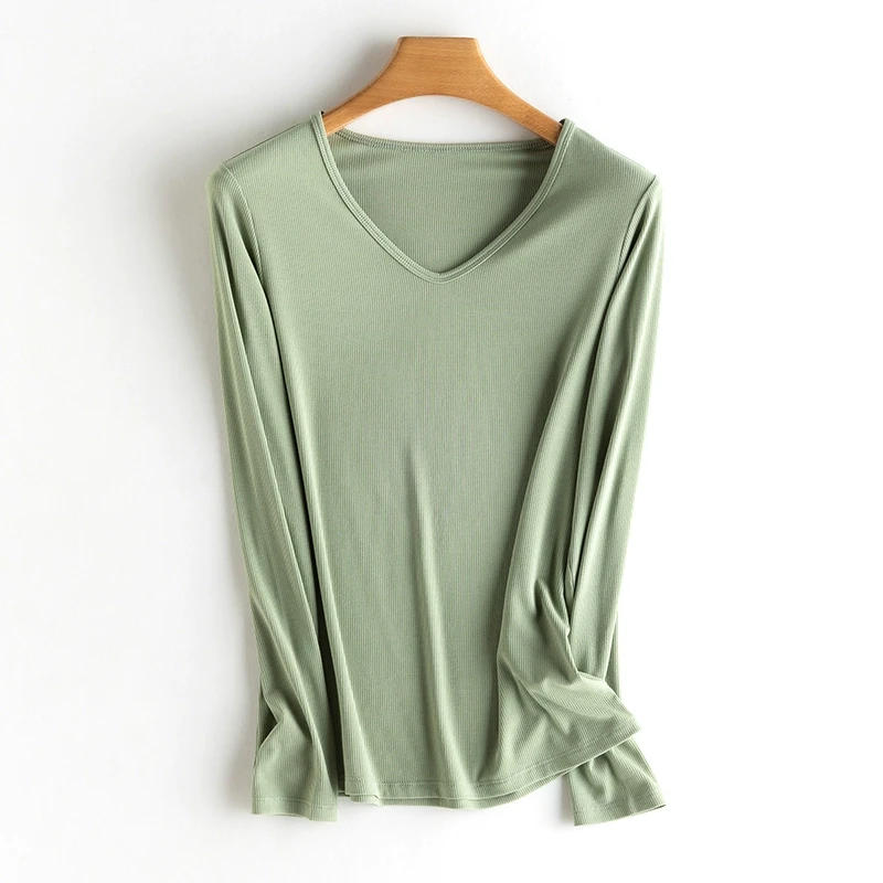 春家 垂顺透气 外单含桑蚕丝免熨烫V领^圆领长袖打底T恤女2J68 特