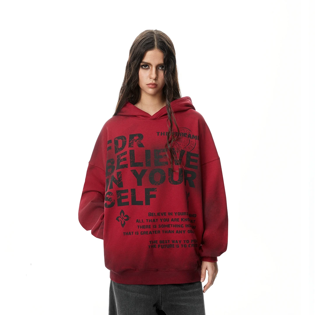 FDR官方店 斑驳字母做旧擦脏套头卫衣男女秋冬连帽宽松情侣上衣