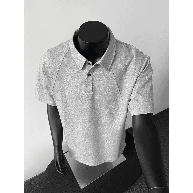 夏季新款太空棉日系拼接短袖T恤男设计感两粒扣POLO衫半袖上衣潮