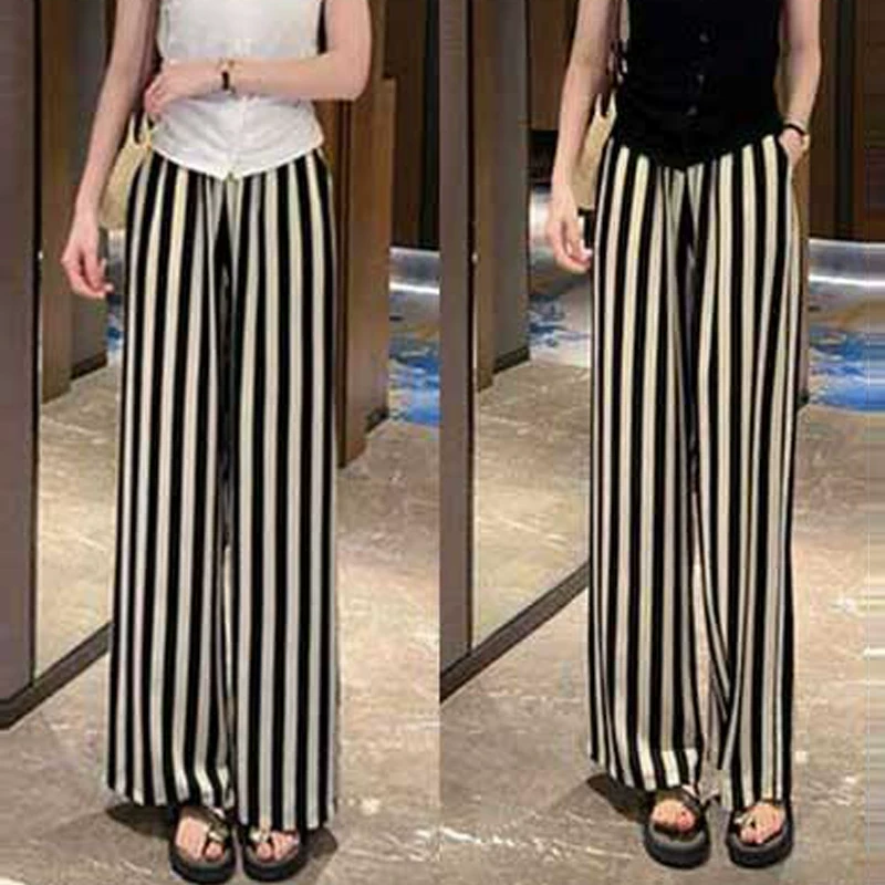 【芭雅莲】薄款窄版阔腿裤女夏季新款高腰条纹休闲裤百搭宽松冰丝直