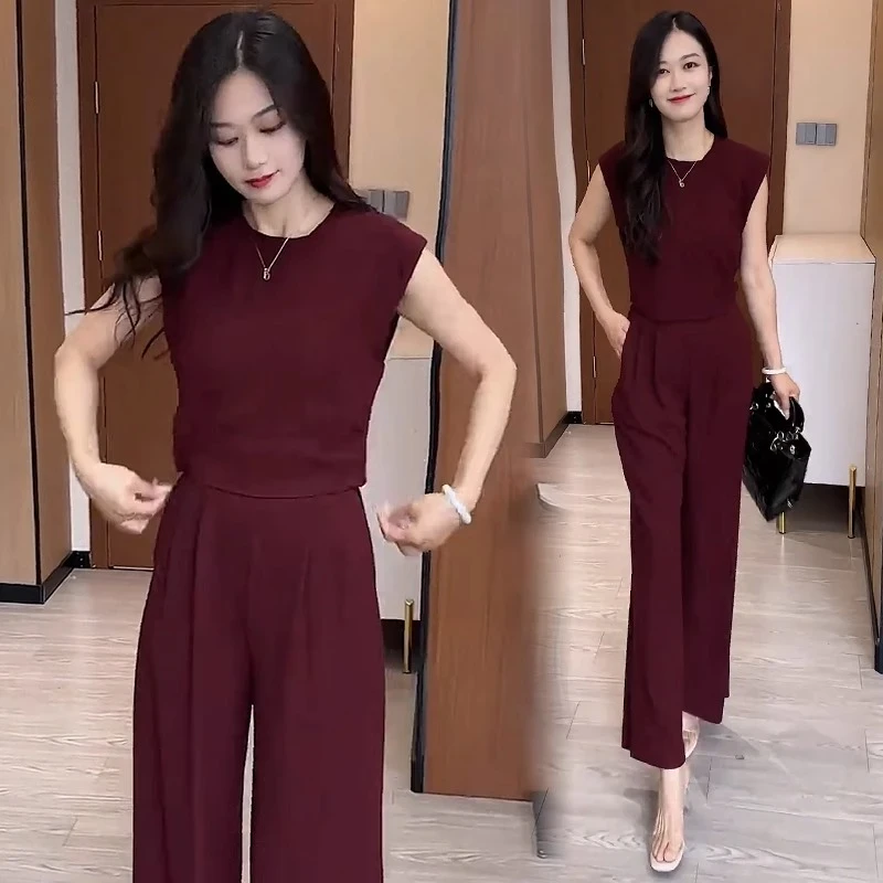 时尚洋气套装女2025夏季新款显瘦冰丝无袖小衫高腰阔腿裤两件套潮