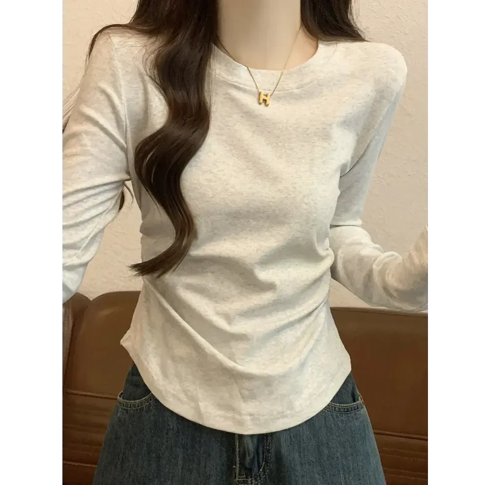 拉夏贝尔薄款修身收腰t恤女长袖显瘦短款小个圆领黑色打底衫女