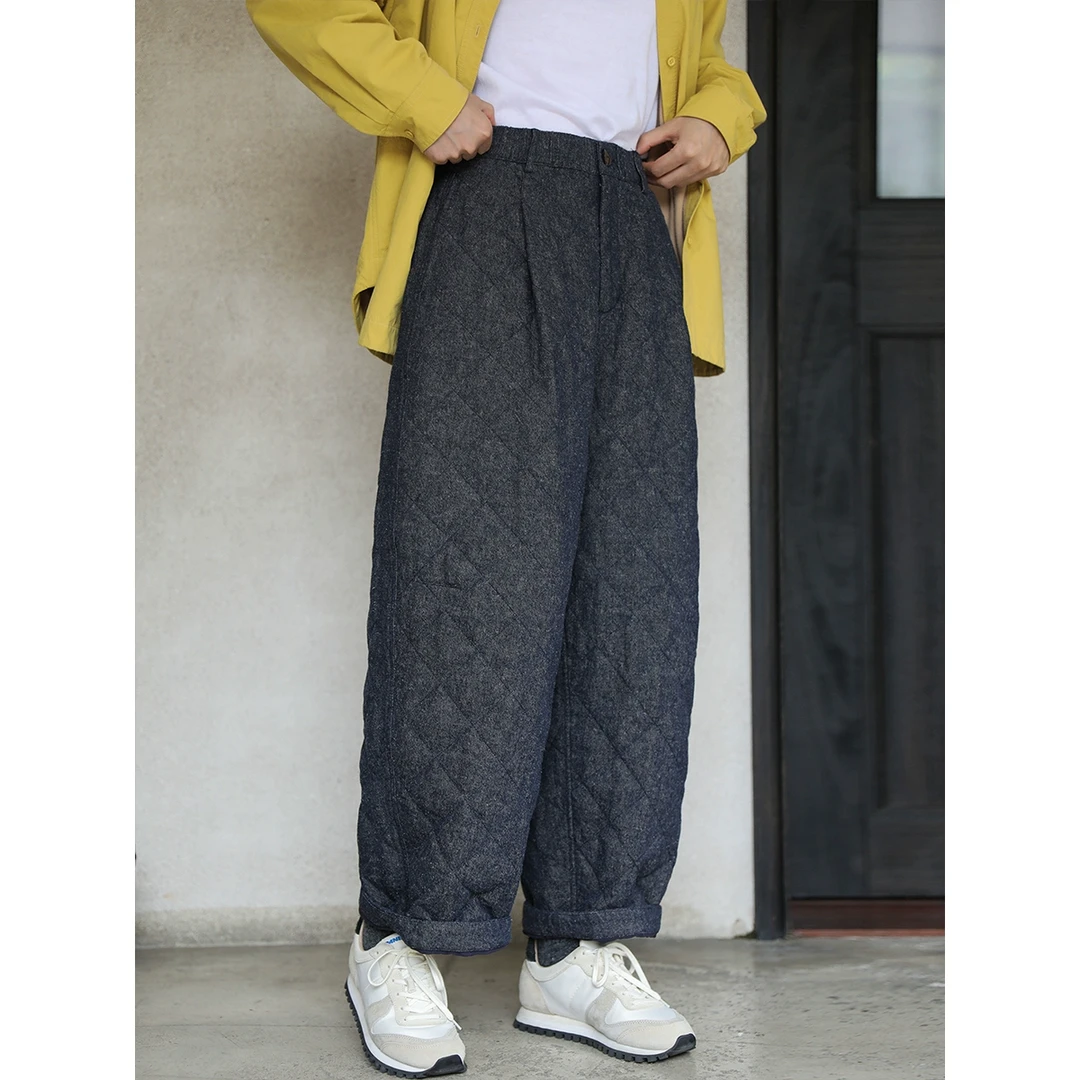 麻霖原创设计冬新品亚麻棉微磨毛3m新雪丽棉保暖显瘦绗格棉裤