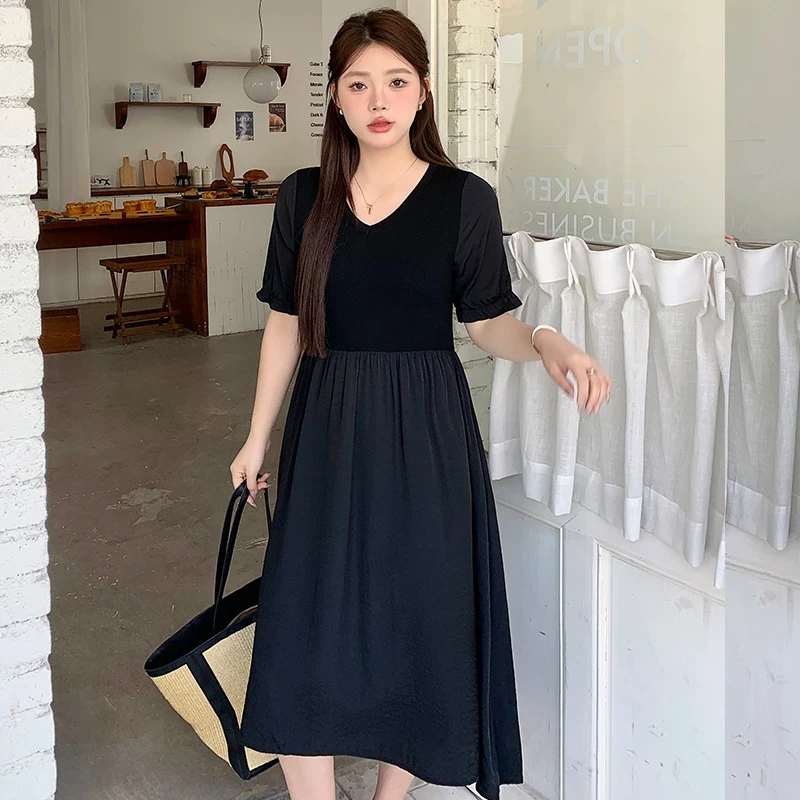 7902女装（7001-7050）领拼接针织连衣裙2024夏款胖mm收腰显瘦