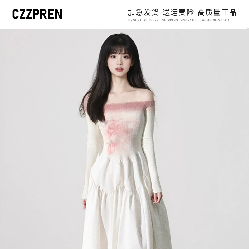 CZZPREN"薄雾的京都"一字肩渐变花朵连衣裙女秋坑条拼接大摆长裙