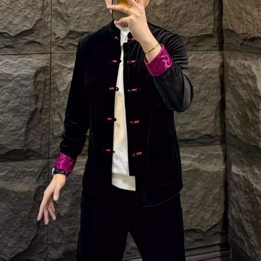 男士春季新款轻奢简约潮流盘扣新中式黑色丝绒长袖中国风唐装套装