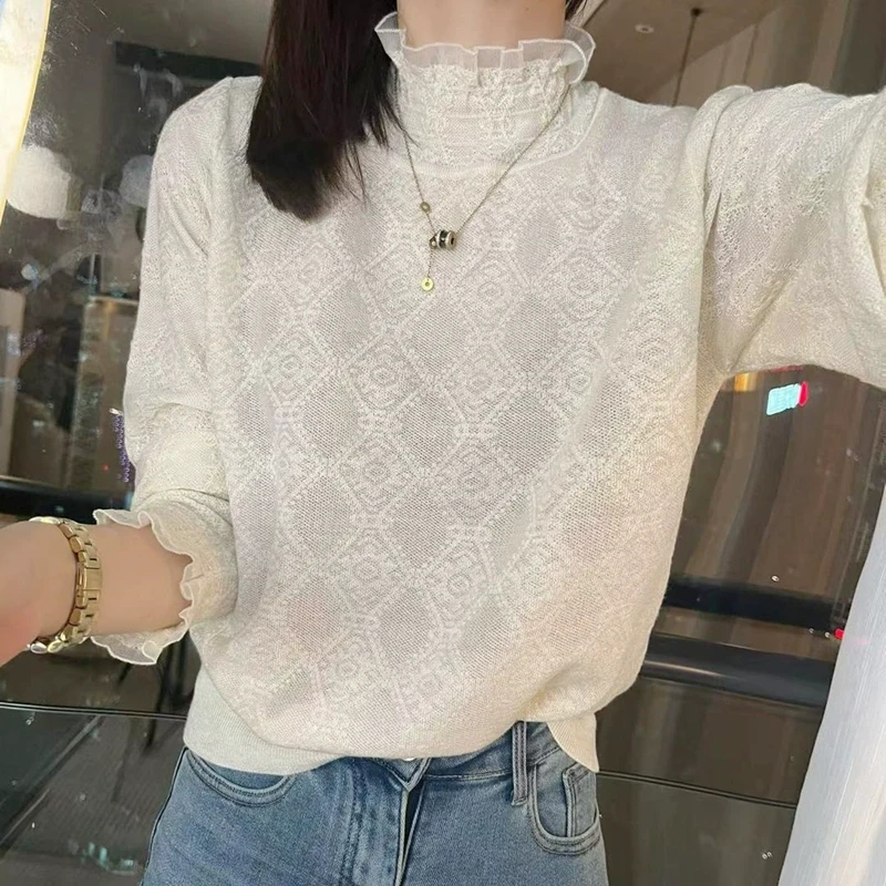 大码时尚蕾丝针织衫2025秋季新款微胖妹妹显瘦气质内搭毛衣打底衫