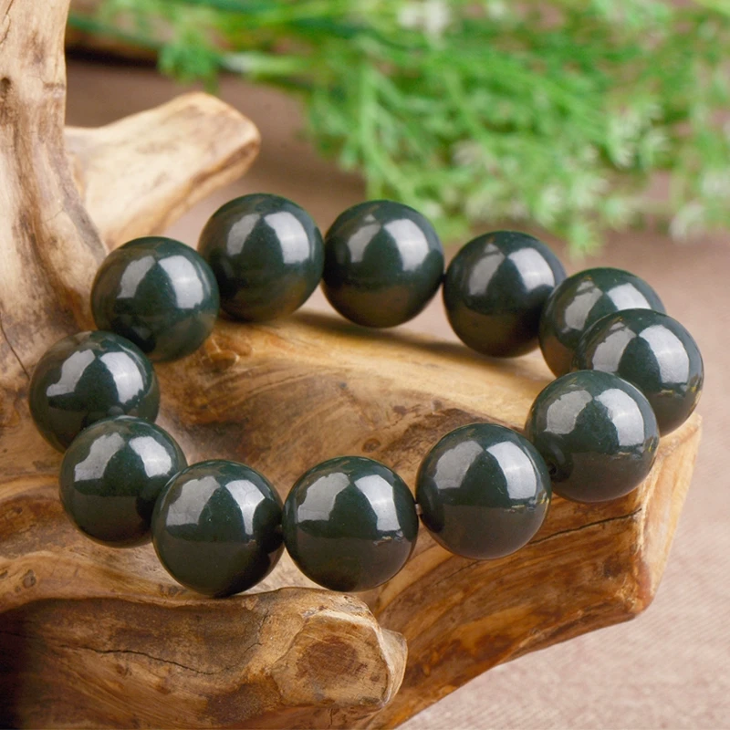 和田玉青玉手链男款圆珠大号佛珠手串天然新疆玉石手链念珠带证书