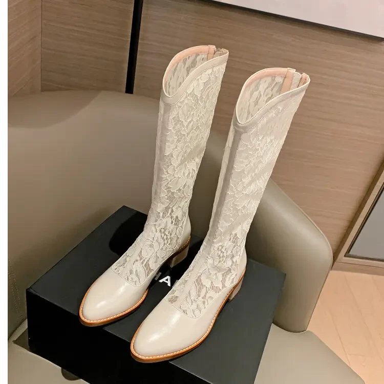 （4.5厘米）镂空网纱高筒靴女法式尖头设计不过膝凉靴时尚长靴