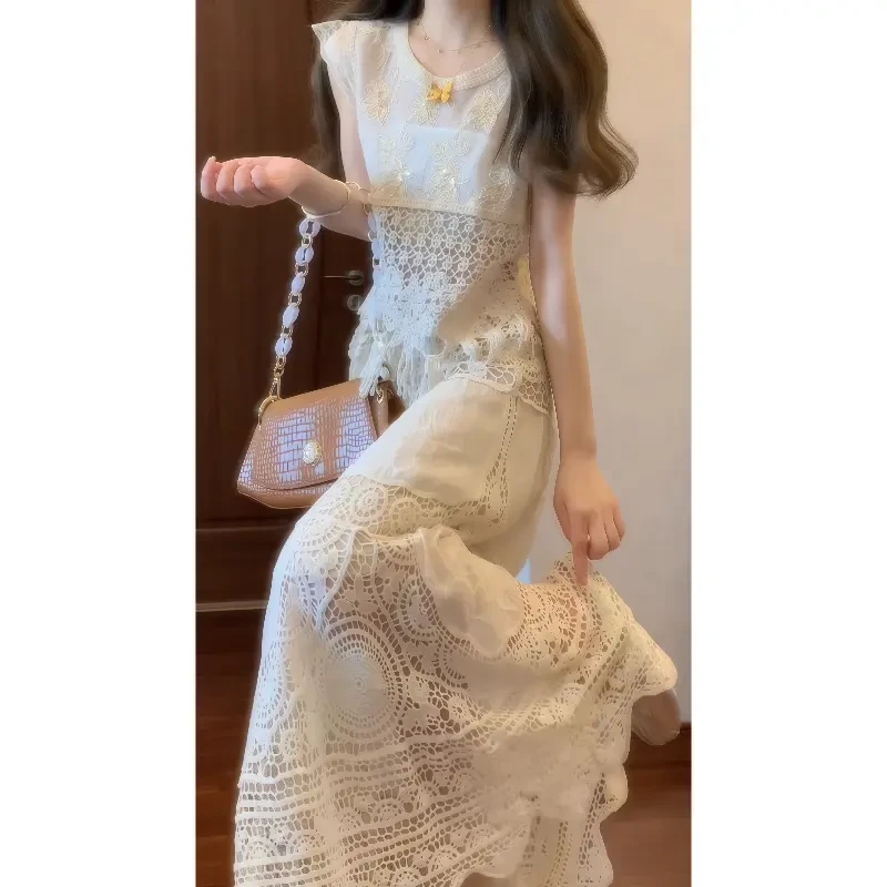 钩花镂空流苏上衣重工镂空蕾丝大摆半裙度假风套装8523