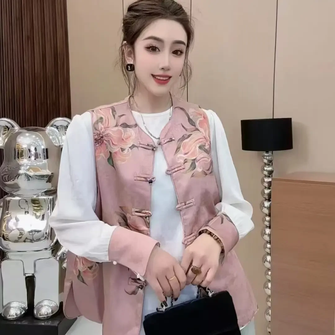 提花圆领复古单排扣宽松型女马夹中国风百搭休闲中式夏季套装