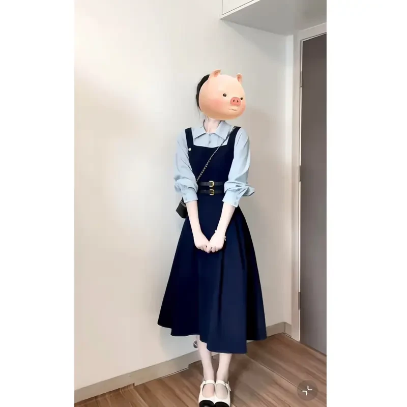 大码春秋法式撞色假两件连衣裙女气质教资面试洋气裙子