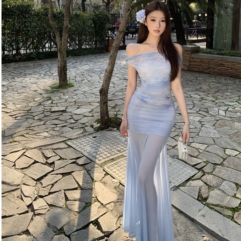 法式斜肩领网纱连衣裙女夏季性感纯欲风气质修身显瘦鱼尾包臀长裙