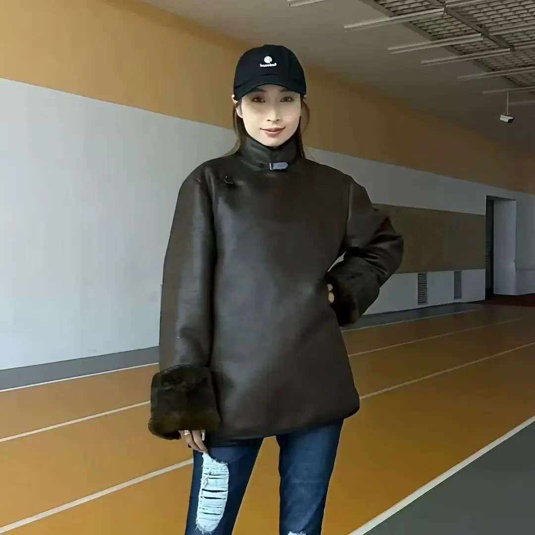 春季皮衣厚款立领长袖ins宽松圆领加绒POLO领秋冬