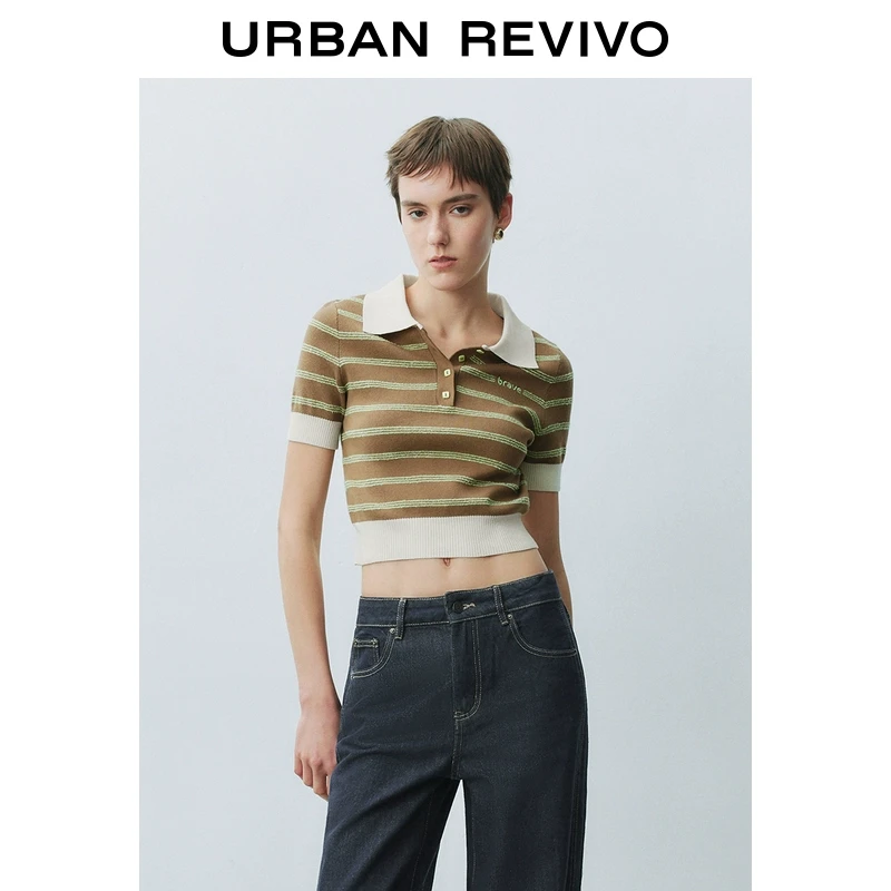 UR2025春季新款女欧若风撞色条纹刺绣修身polo针织衫UYY950024