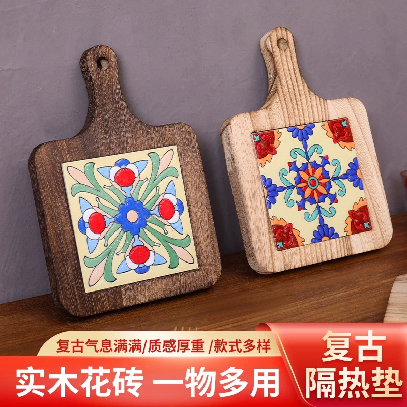 隔热垫复古实木花砖把手锅垫木质防烫盘杯垫家用砂锅汤锅隔热木垫