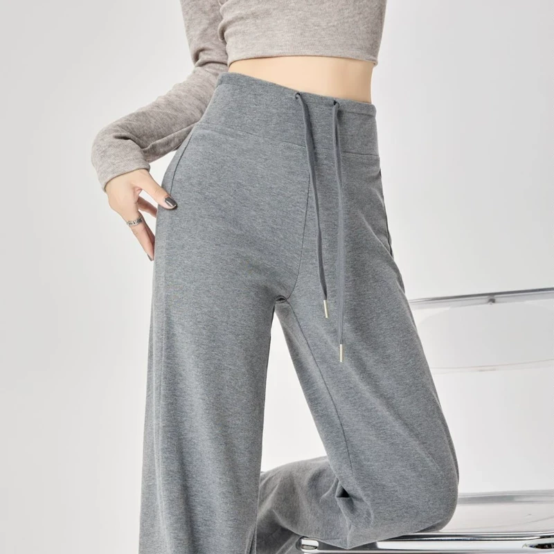 灰色梧桐阔腿运动裤女春季新款高腰抽绳直筒卫裤显瘦瑜伽休闲长裤