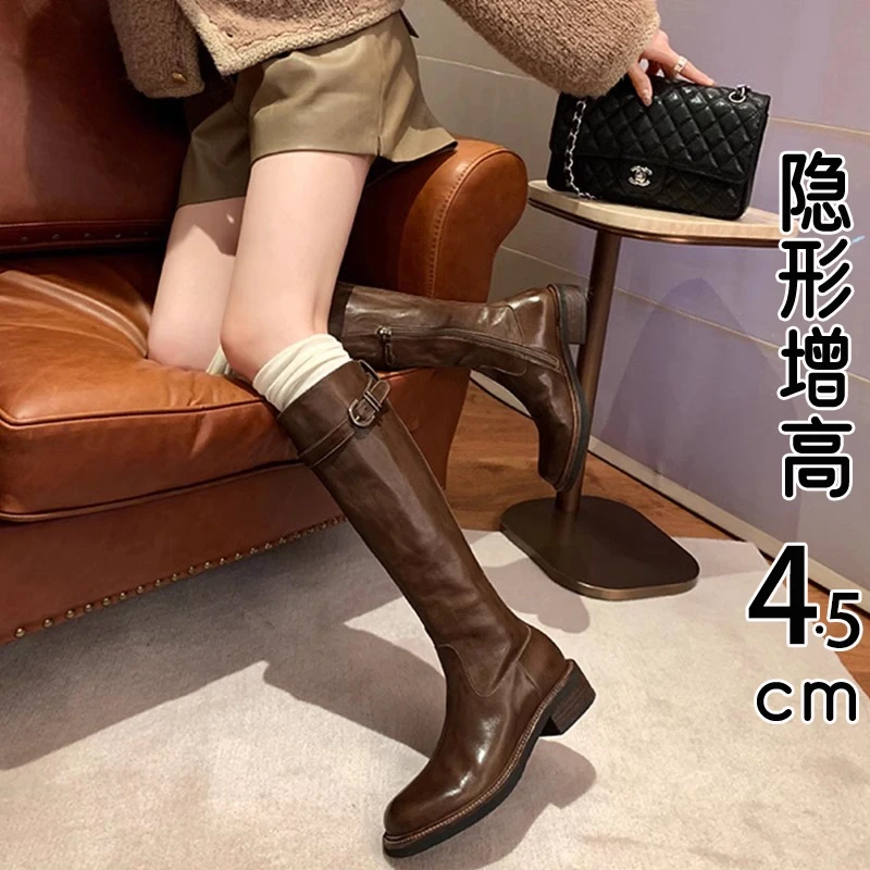 香港全牛皮靴子女长筒靴2025新款秋冬季圆头厚底不过膝高筒骑士靴