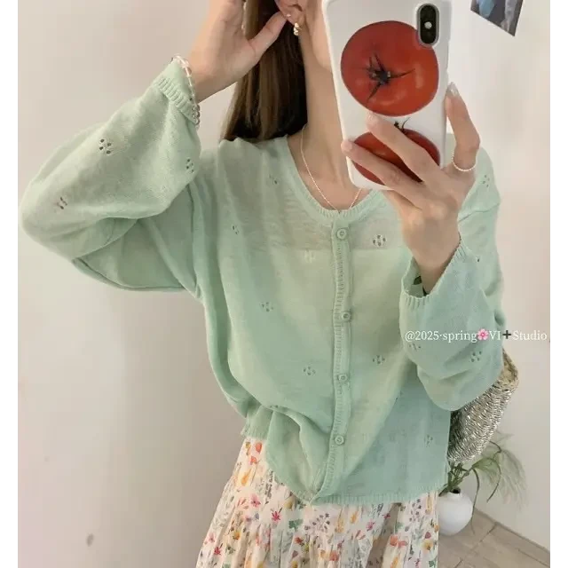 韩版镂空防晒针织衫女夏季薄款宽松设计感小众空调衫休闲冰丝上衣