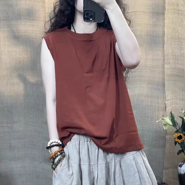 9121夏季新款水洗棉休闲百搭色无袖背心圆领T恤(长62胸围108)