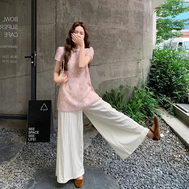 新中式国风提花套装裤女2025年夏季新款复古盘扣上衣阔腿裤两件套