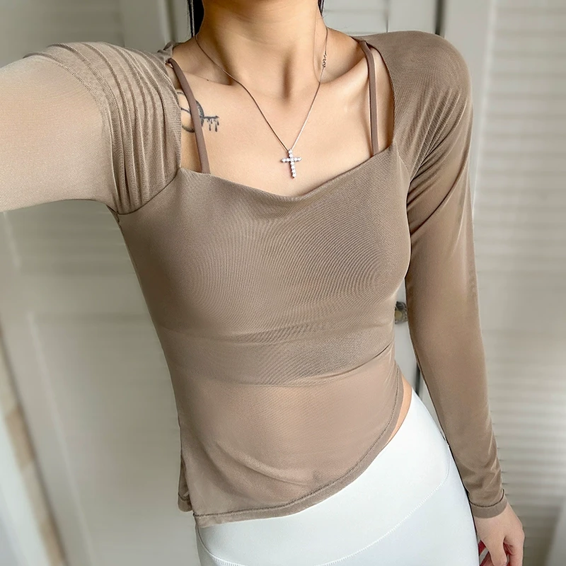 带胸垫健身服上衣女款长袖运动紧身弹力休闲跑步收腹瑜伽服春夏季