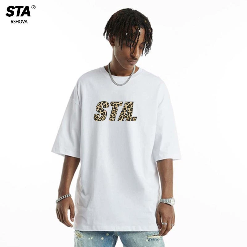 STA R'S豹纹印花字母重磅美式潮牌短袖T恤男宽松休闲纯棉情侣同款