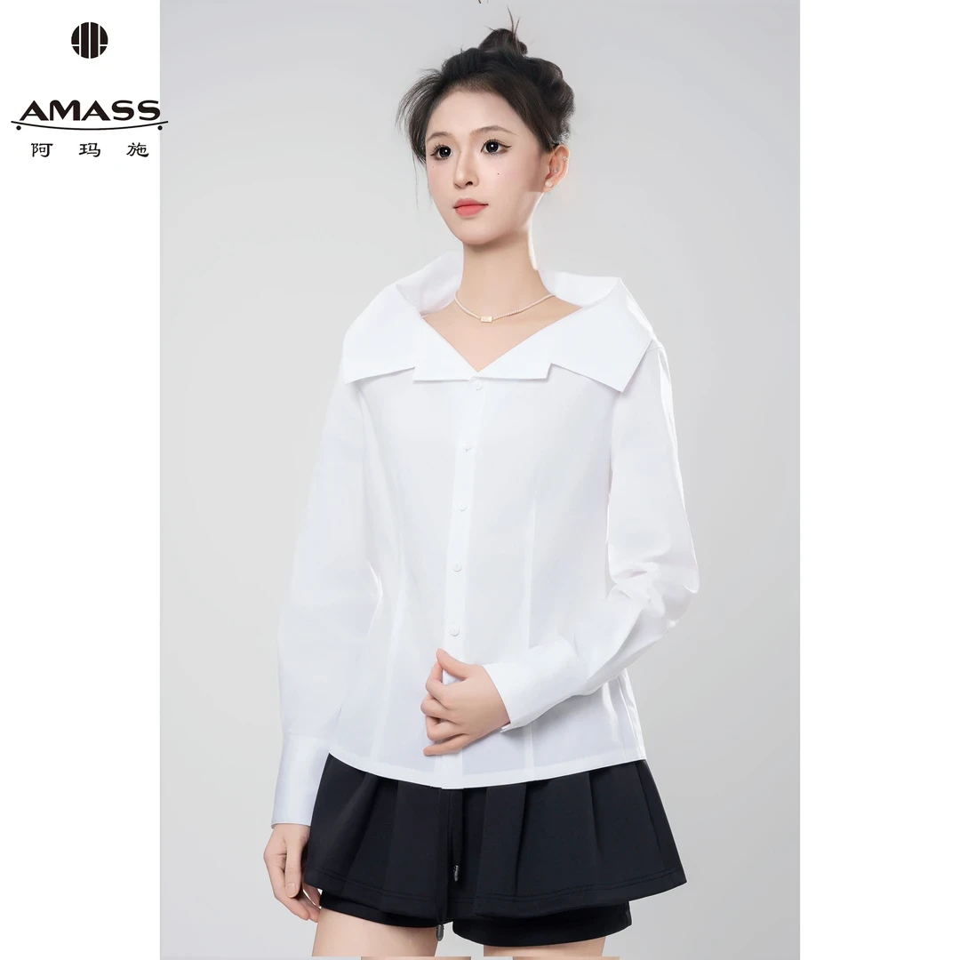 AMASS/阿玛施春夏新款设计感复古宫廷风翻领时尚长袖衬衫女530035